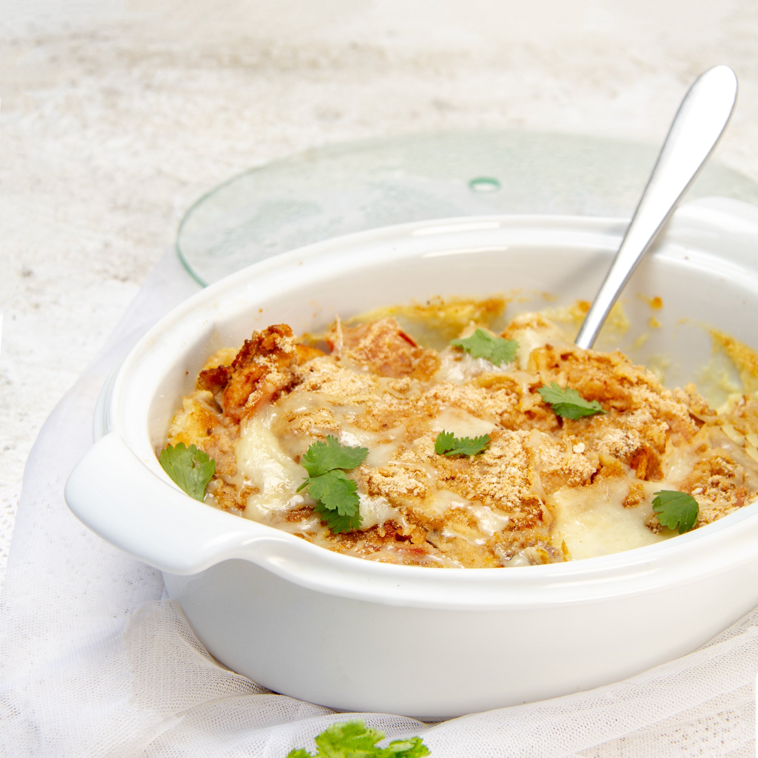 Creamy, one pot Cordon Bleu Casserole in a baking dish.