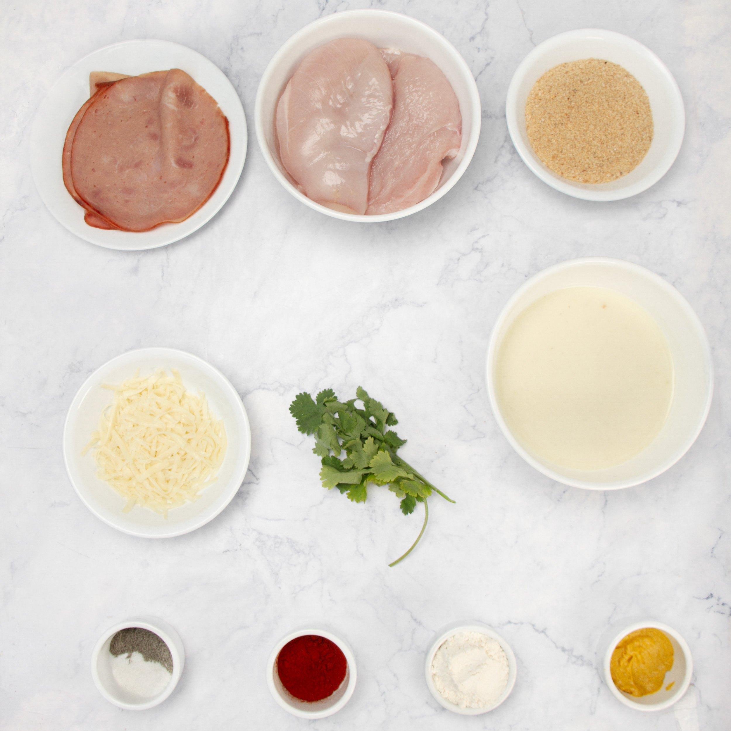 Ingredients for this easy and delicious cordon bleu casserole in separate dishes.