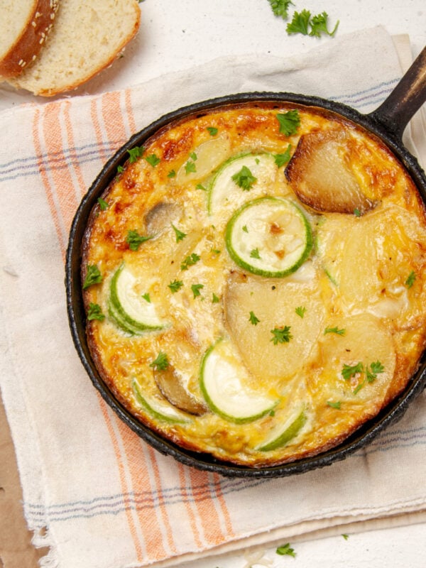 Quick, easy, and hearty Spanish Tortilla in a skillet pan.