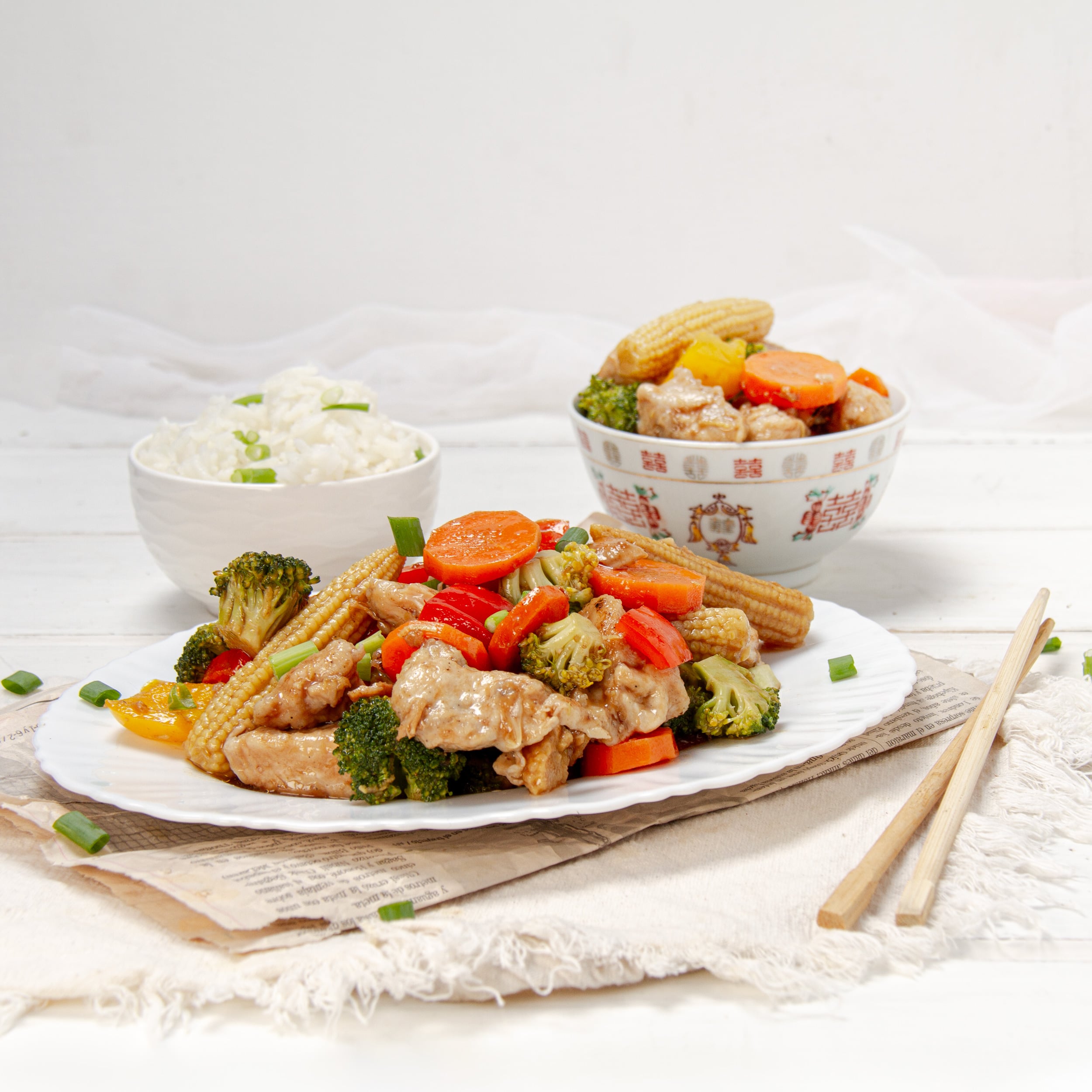 Fresh and healthy Chicken Stir Fry with vegetables on a plate. 