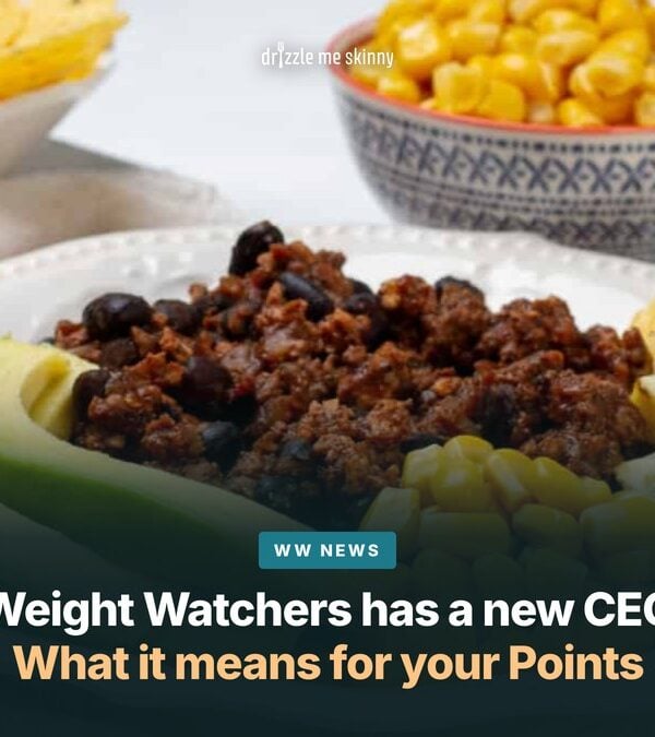 A plate of Weight Watchers zero point turkey chili with sliced avocado, sweet corn and tortilla chips, with the words “Weight Watchers has a new CEO — what it means for your Points” over the photo.