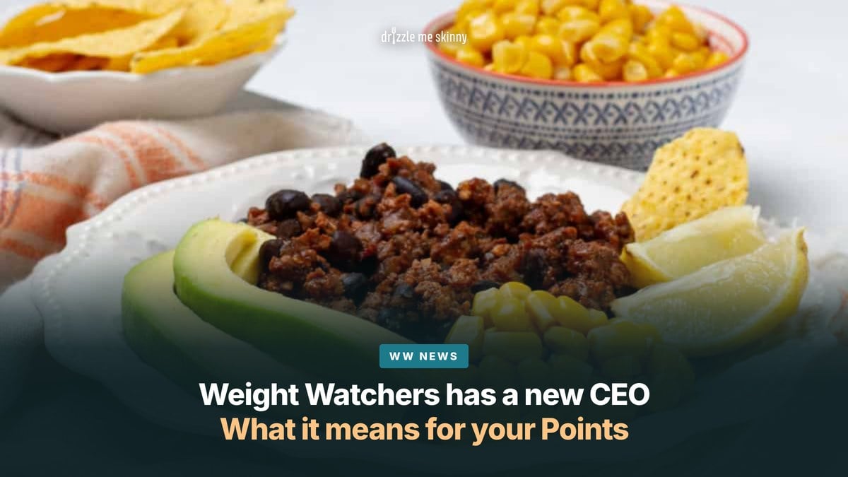 A plate of Weight Watchers zero point turkey chili with sliced avocado, sweet corn and tortilla chips, with the words “Weight Watchers has a new CEO — what it means for your Points” over the photo.